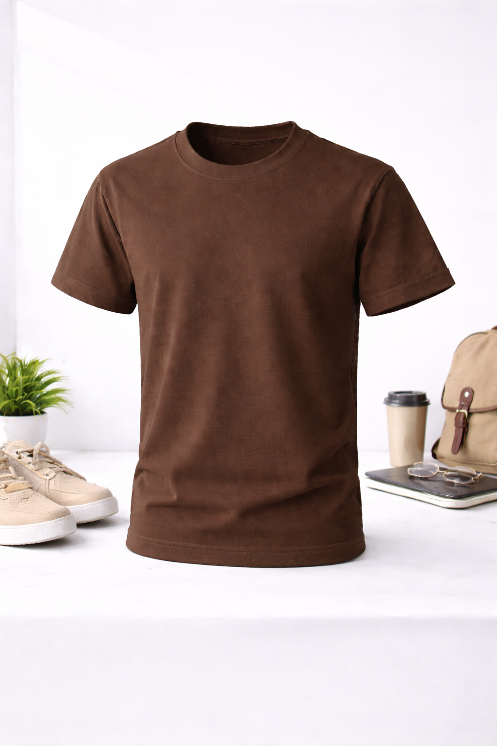 brown تیشرت یقه گرد قهوه ای - تصویر 1